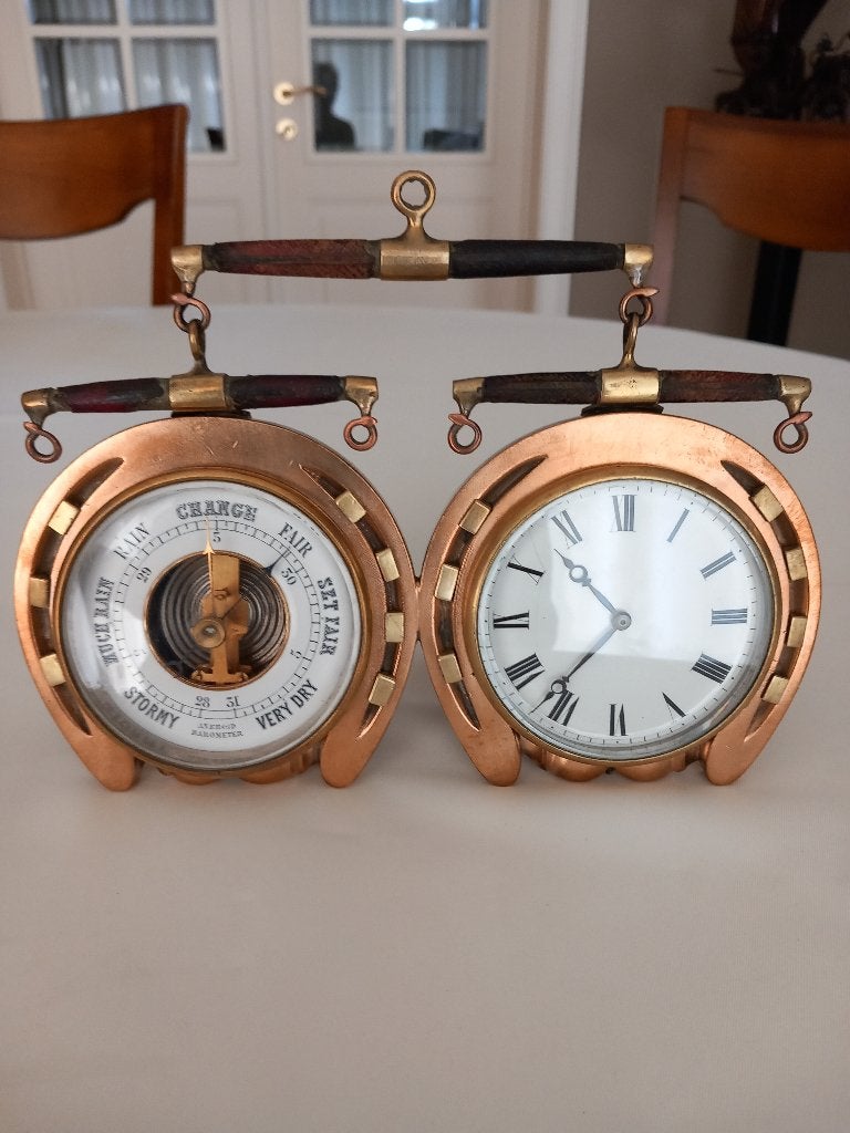klok en barometer in bronzen hoefijzers, Ophalen of Verzenden
