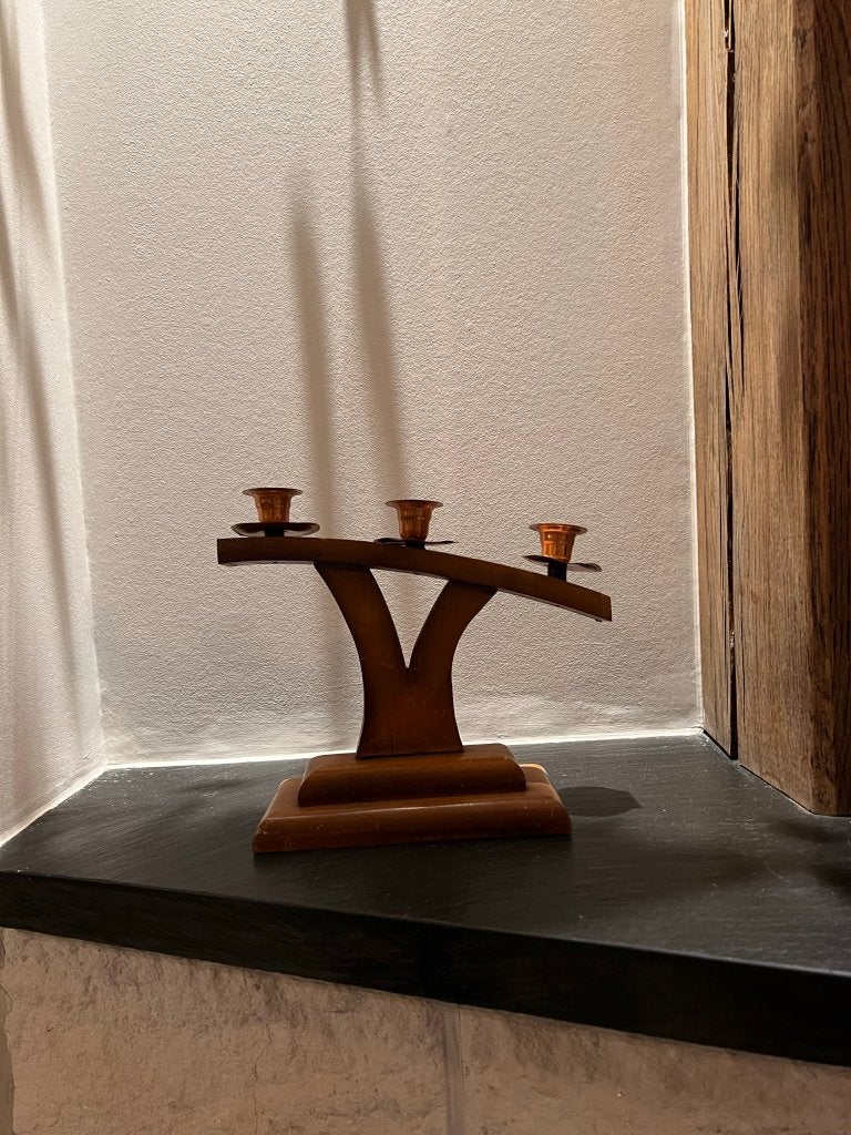 Vintage houten kandelaar, 3 kaarsen, Ophalen of Verzenden