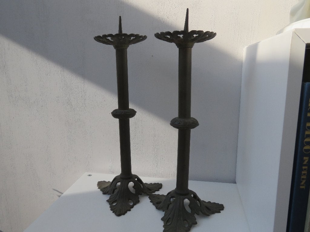 Koppel antieke koperen kerk kandelaars Art Nouveau, Ophalen of Verzenden