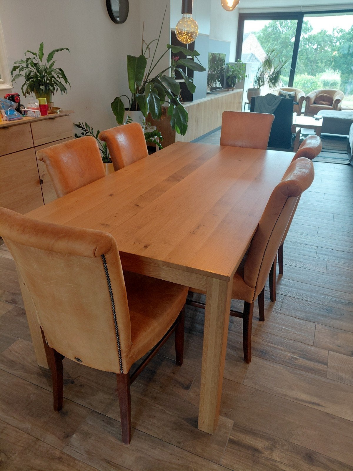 eiken tafel en camel, lederen stoelen, Ophalen
