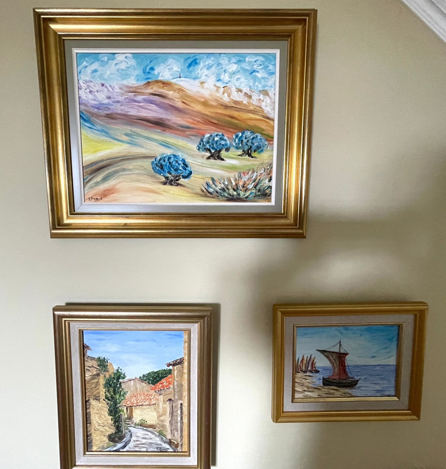 4 peintures de J. Bossart, Peinture à l'huile, Paysage, Enlèvement, Encadré