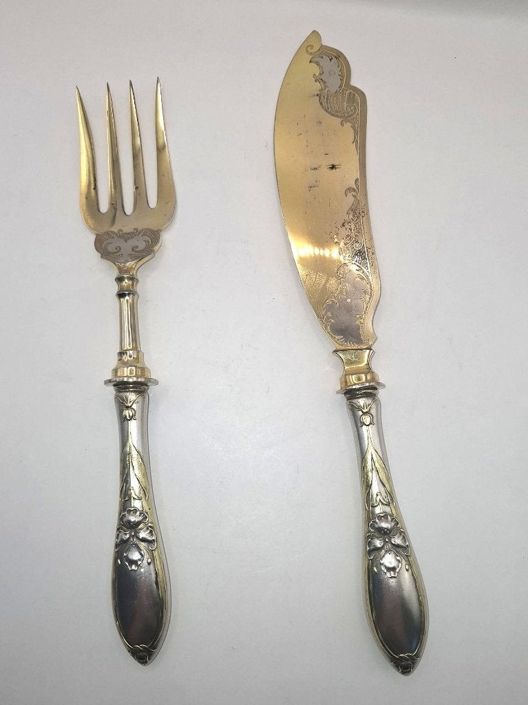 Antiek zilver deels verguld Duits Jugendstil vis serveer set, Antiek en Kunst, Ophalen of Verzenden