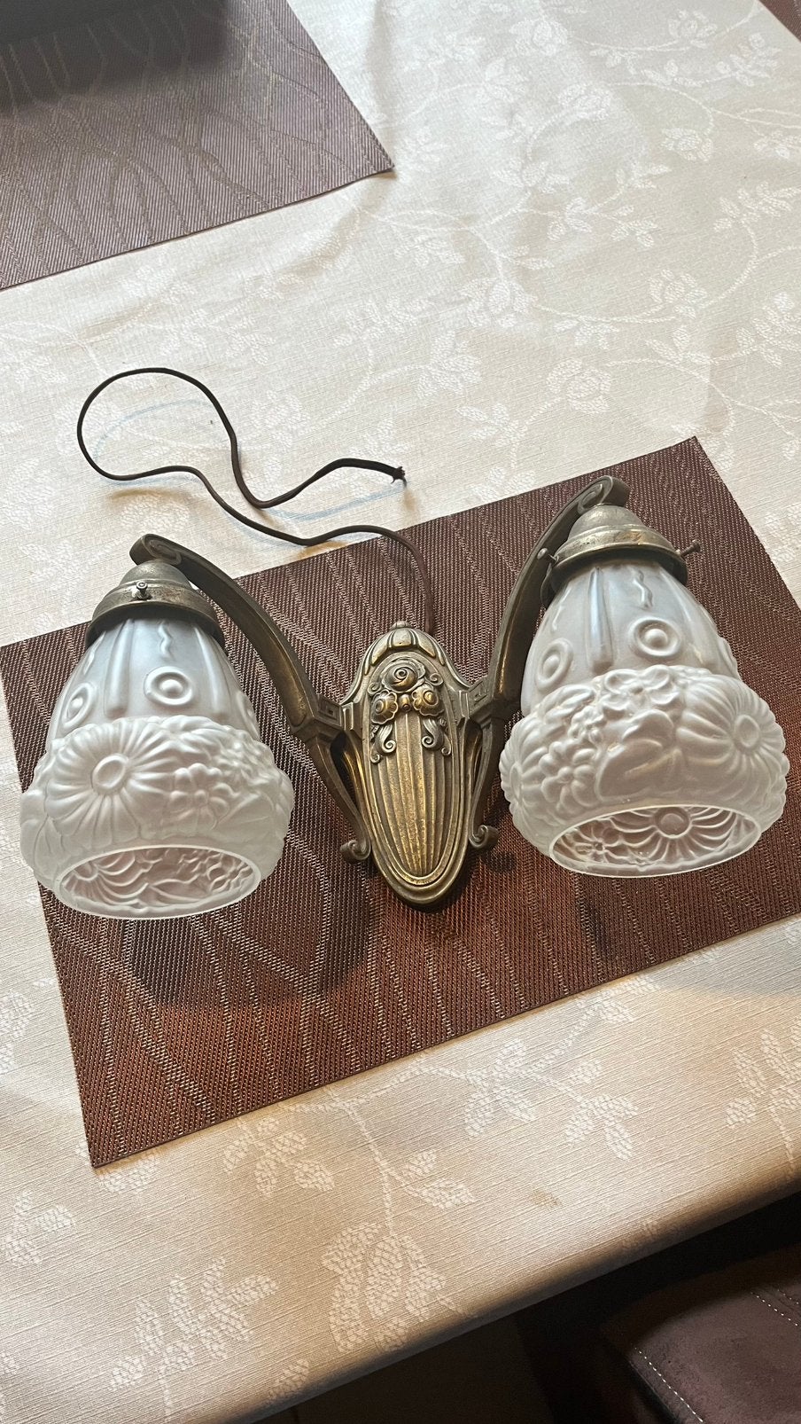 Antieke Art Deco Dubbele Wandlamp Brons/Glas (ca. 1925), Ophalen