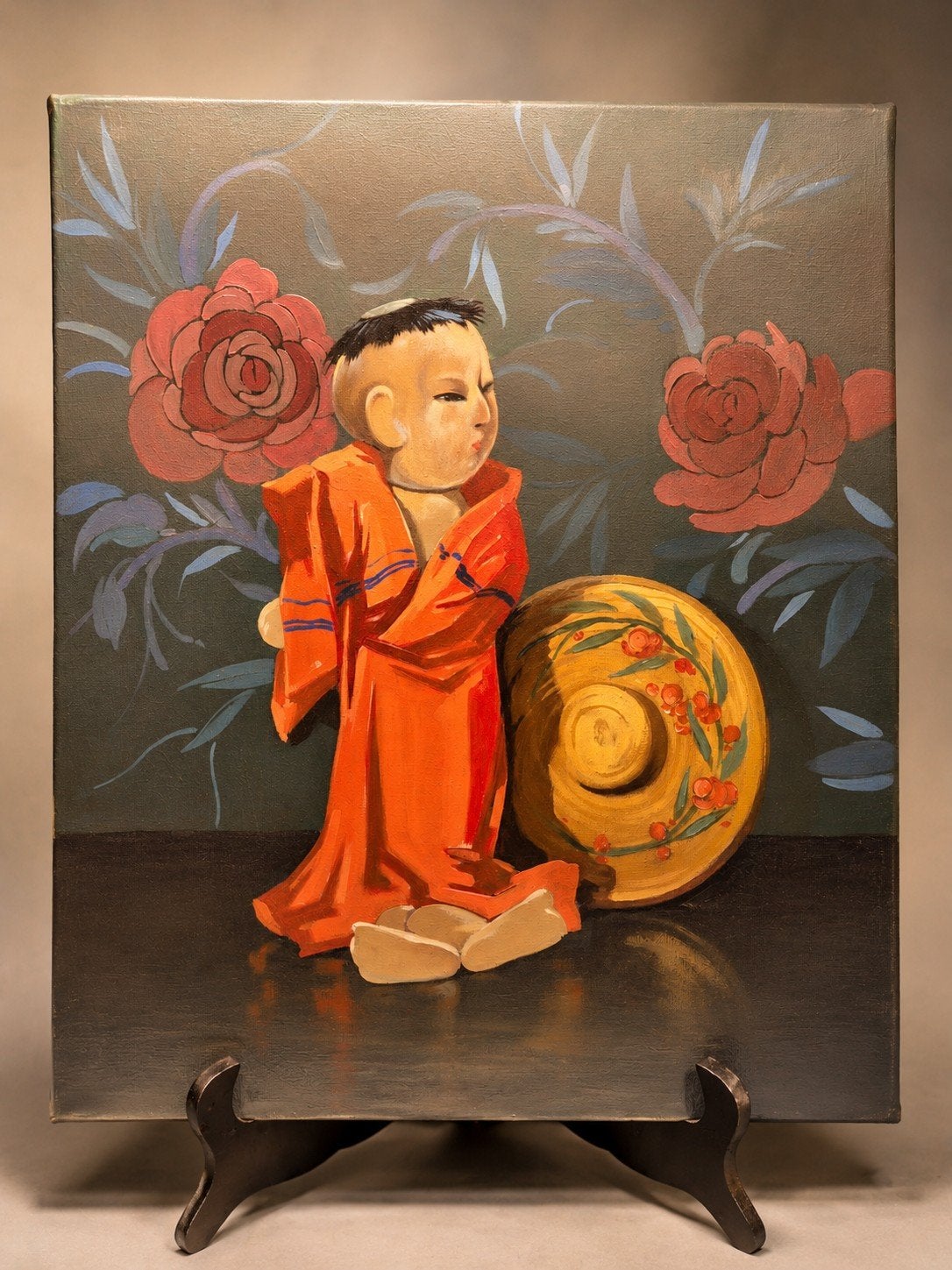 Kind in een rode kimono — Olieverf op doek gesigneerd door P, Ophalen of Verzenden