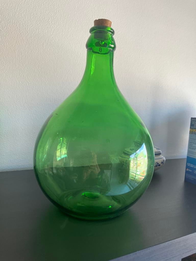 Vintage glazen demijohn fles, Moins de 50 cm, Verre, Utilisé, Vert