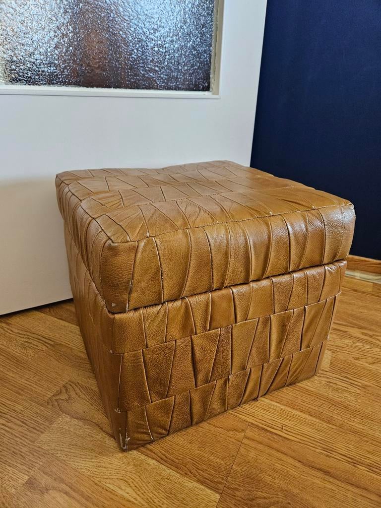 Retro leren voetenbank met opbergdoos, Huis en Inrichting, Ophalen, Leer