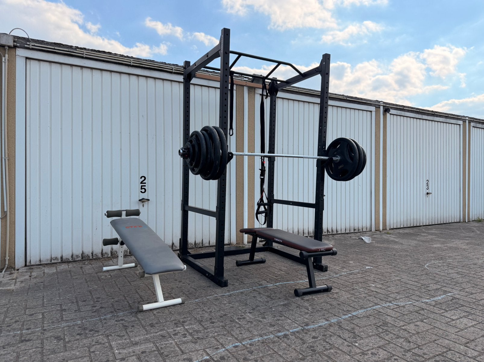 Squatrek + 150kg aan Olympisch gewicht, Sport en Fitness, Fitnessmaterialen, Ophalen, Zo goed als nieuw