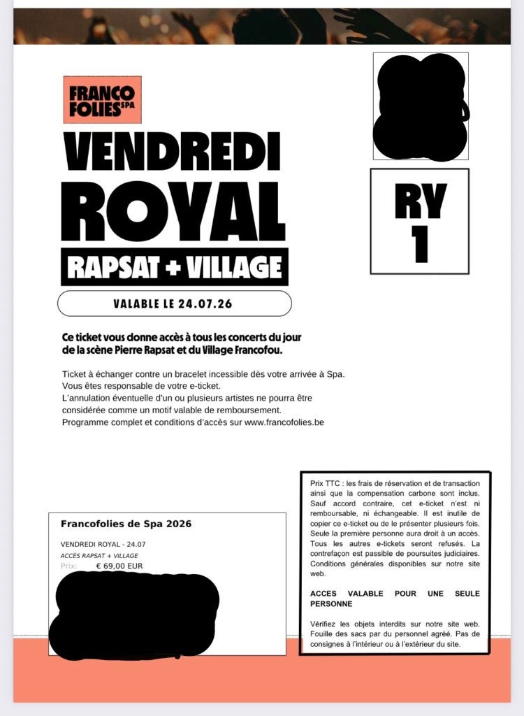 entrée francfolies de Spa, Tickets & Billets