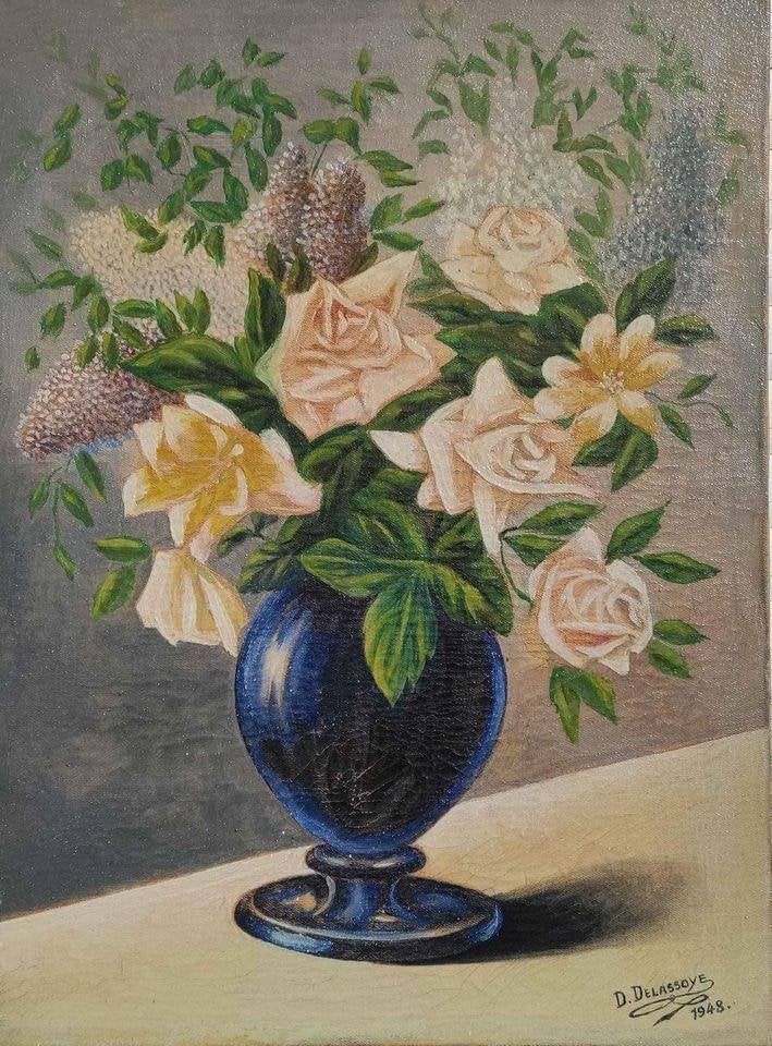 Huile sur toile fleurs signe d delassoye 1948, Antiquités & Art, Art | Peinture | Classique, Enlèvement ou Envoi, Fleurs, Toile