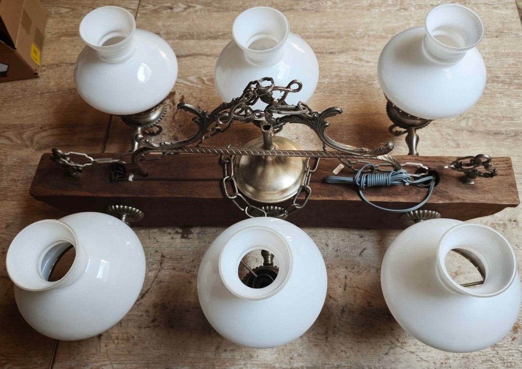 Lustre poutre chêne, étain et opaline, Enlèvement, Comme neuf, Bois, Vintage, chêne et étain décoré