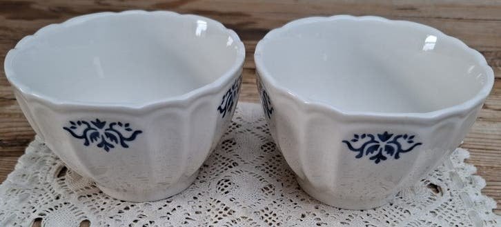 2 Franse spoelkommen met blauw motief, MVX, -, Vintage, Utilisé, Porcelaine
