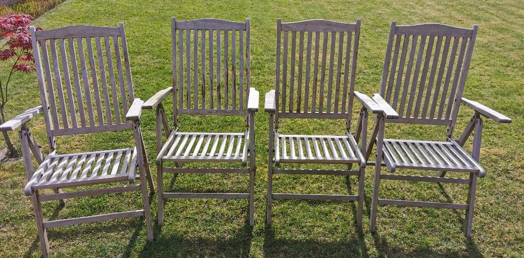 4 teak opklapbare tuinstoelen, Tuin en Terras, Tuinstoelen, Ophalen, Gebruikt, Teakhout, Verstelbaar