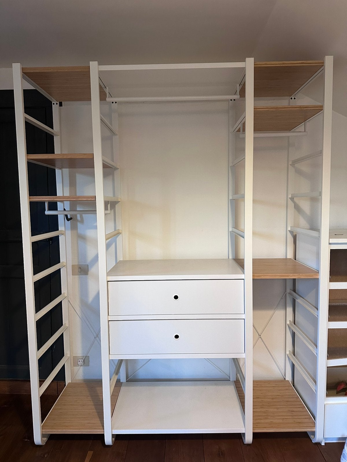 Penderie IKEA ELVARLI 3 sections blanc/bambou avec tiroirs, Enlèvement, Comme neuf