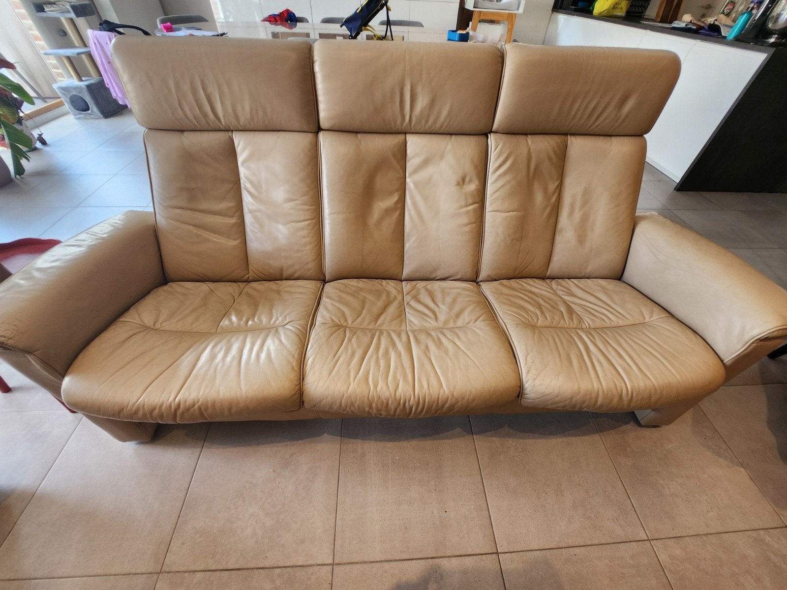 Lederen salon 3-zit + 2-zit – beige – verstelbare rugleuning, Autres dimensions, Banc droit, Enlèvement, Utilisé