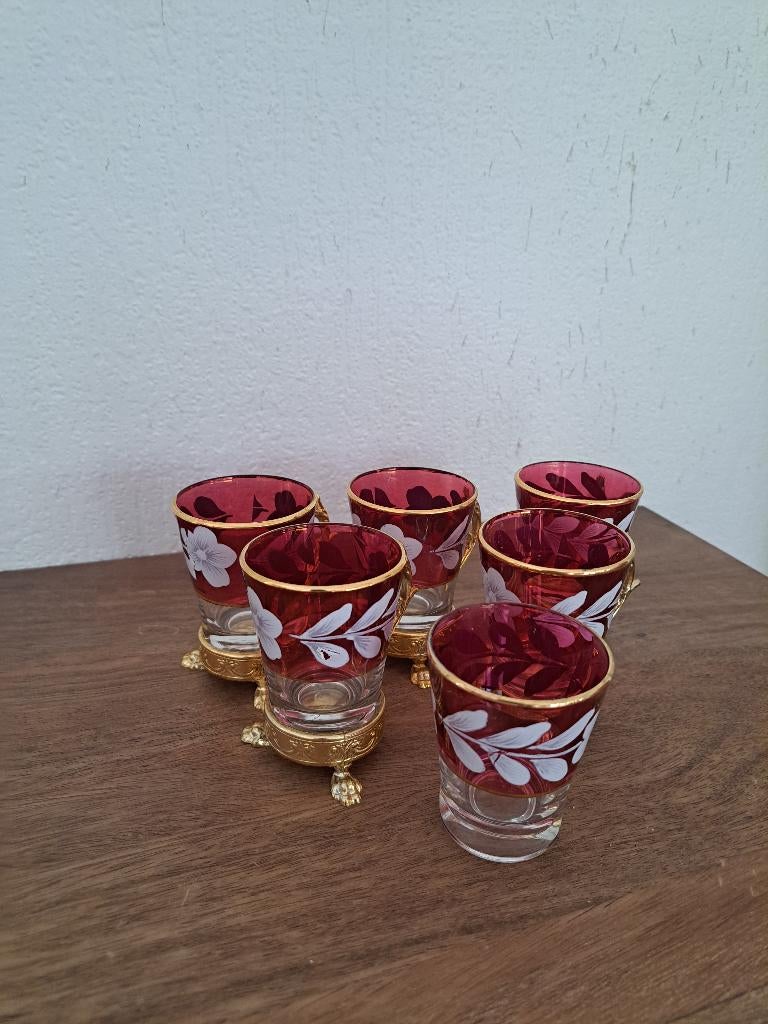 Vintage Cranberry shotglazen goud verguld, Ophalen