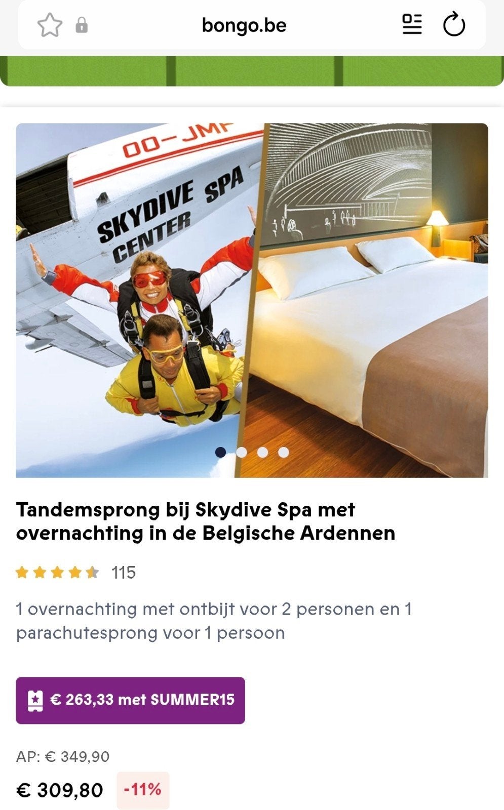 Bongo bon duosprong skydive Spa + overnachting  twv 309,80€, Tickets en Kaartjes