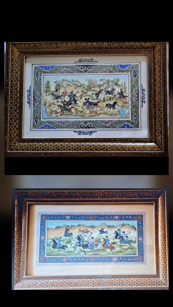 2 Perzisch miniatuur van jachtpartij, Antiquités & Art, Autres matériaux, Encadré, 28 cm, Autres types