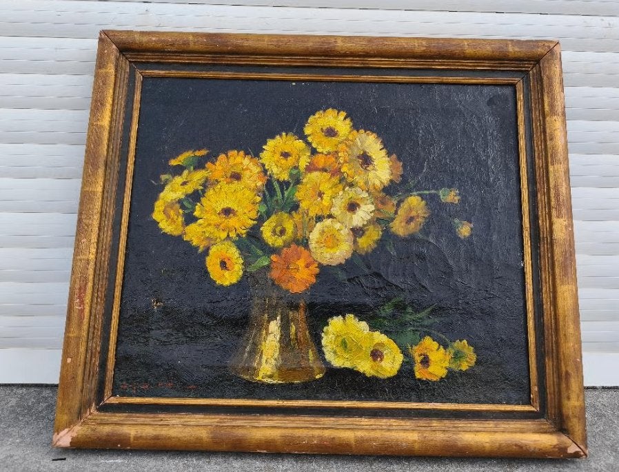 huile sur toile fleurs signe jef dutilleux, Ophalen of Verzenden, Bloemen, Doek