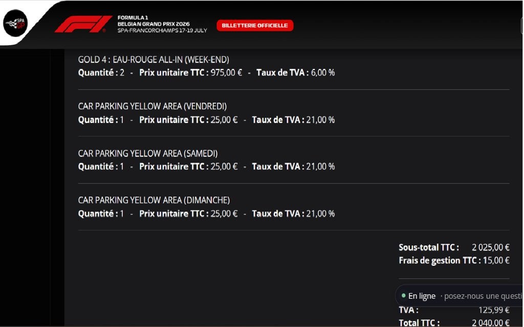 F1 Spa all-in ticket voor 2 personen 3 dagen + parkeren, Twee personen, Meerdaags