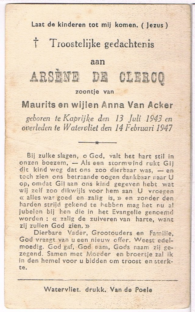 Zoontje. De Clercq Arséne. ° Kaprijke 1843 † Watervliet 1947, Ophalen of Verzenden, Bidprentje
