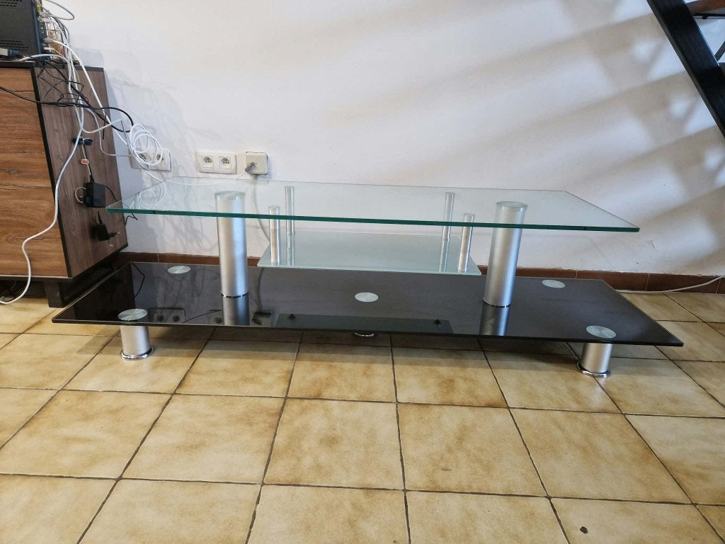 Meuble TV en verre – Noir et argenté, Moins de 100 cm, 150 à 200 cm, Verre, Enlèvement