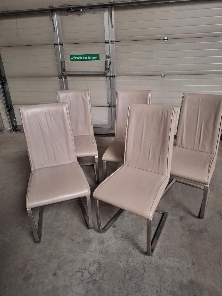 5 eetkamerstoelen beige, Ophalen, Overige kleuren, Leer, Zo goed als nieuw