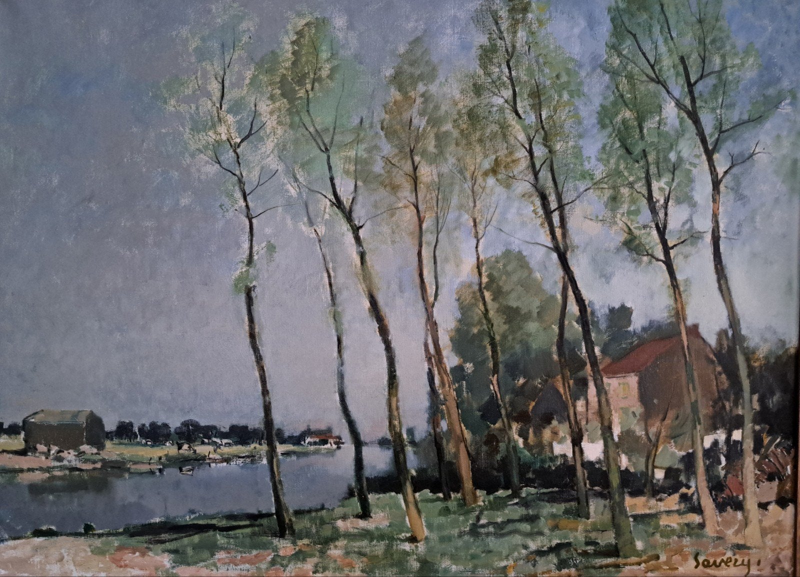 SAVERYS Albert "Hoge bomen langs de Leie " olie op doek, Enlèvement, Toile