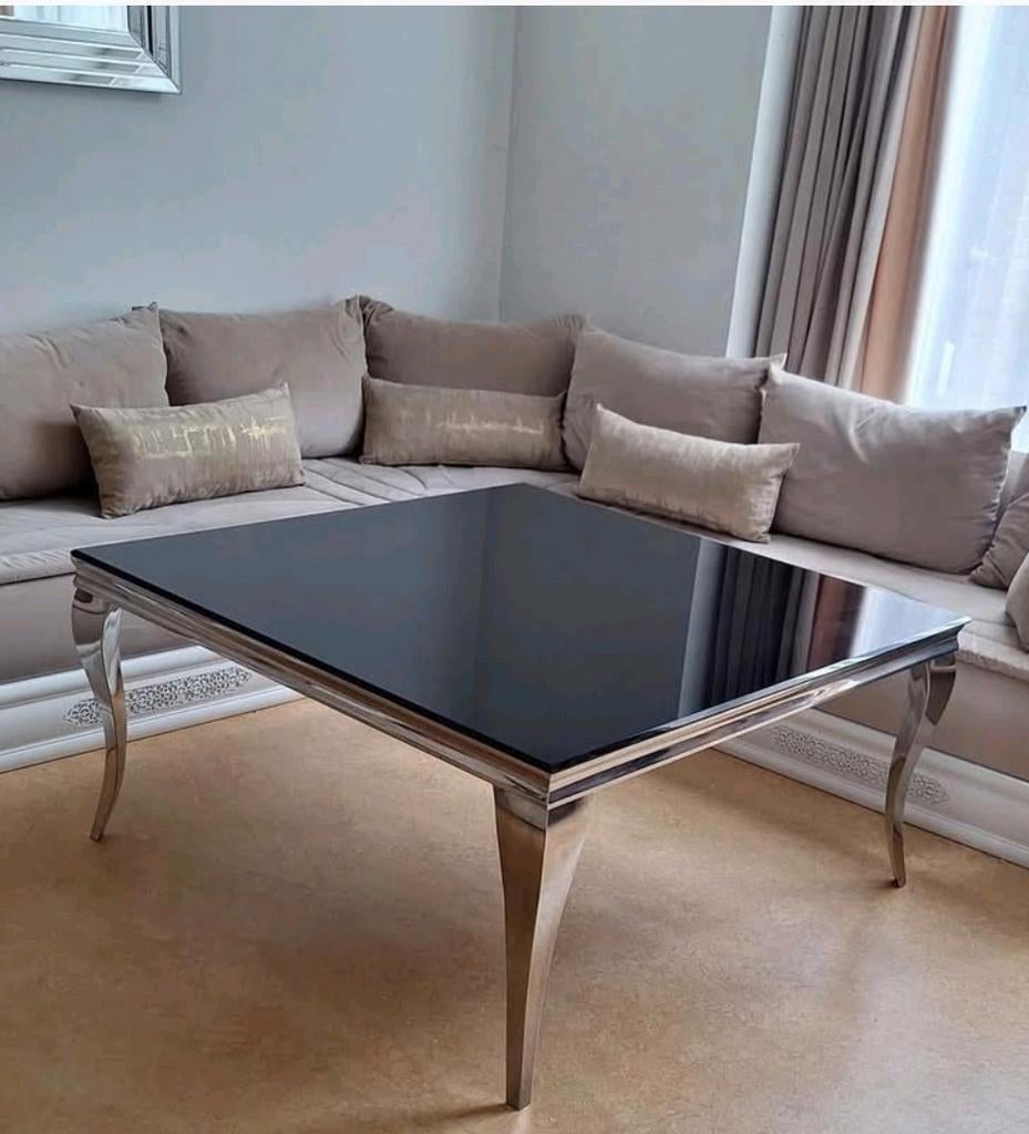 Table carré Chrome style baroque carré plateau en verre noir, Enlèvement, Carré