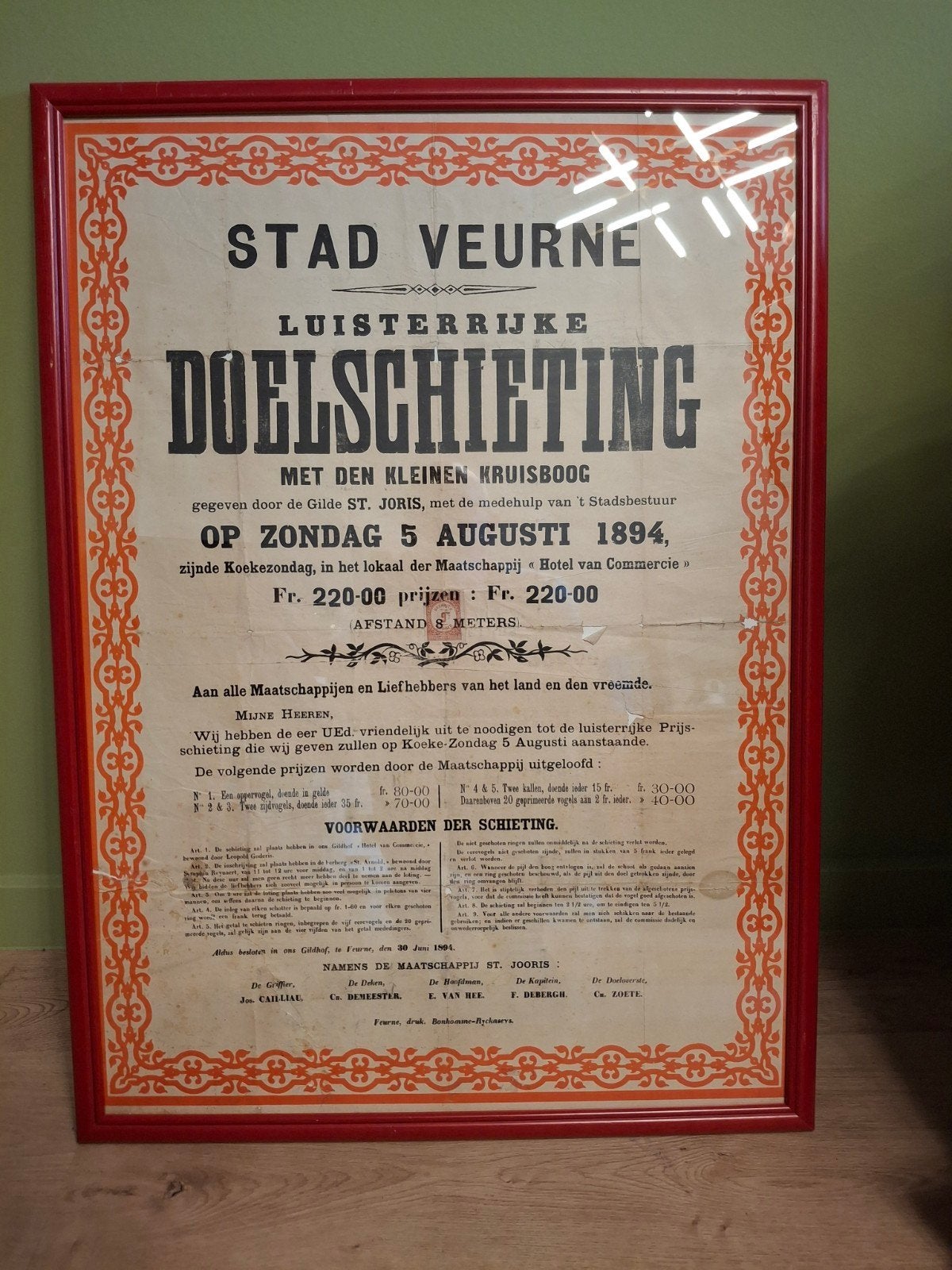 Originele affiche 1894 Veurne Doelschieting Kleine Kruisboog, Verzamelen, Ophalen
