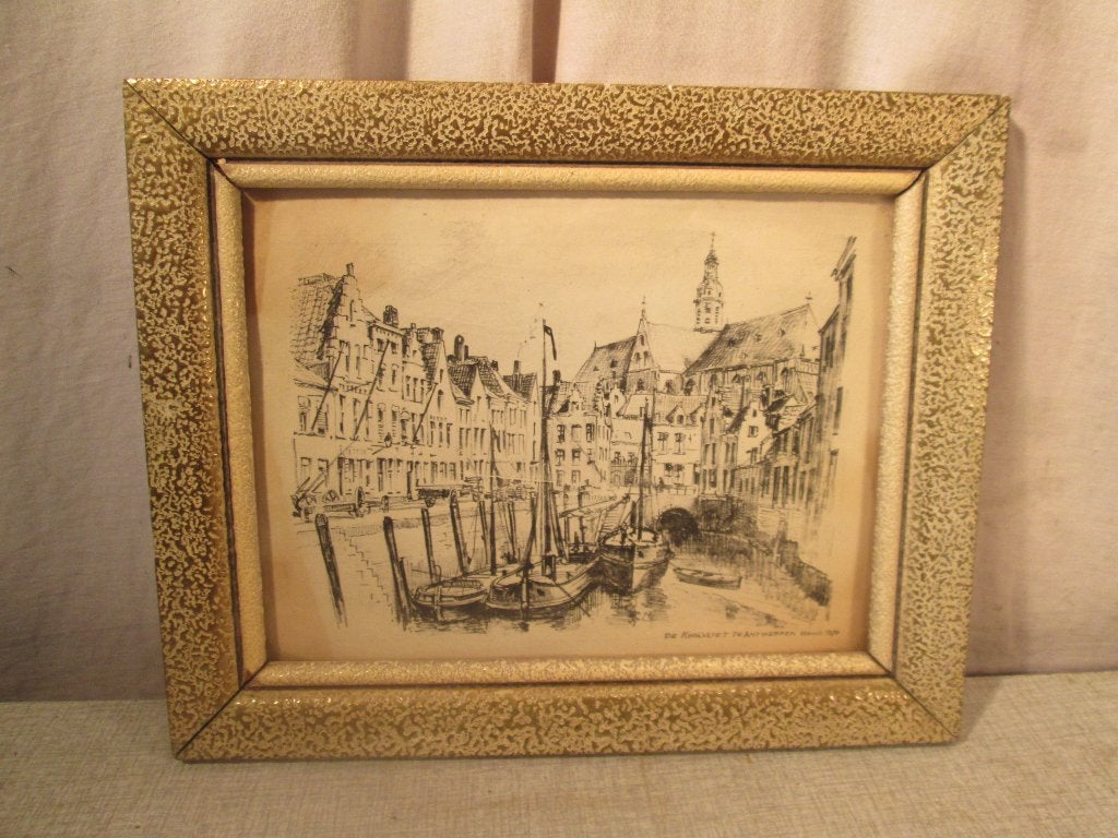 Mooie Oude Tekening 'Koolvliet Antwerpen' - 30x25, Antiek en Kunst, Ophalen of Verzenden, Tekening, Achter glas