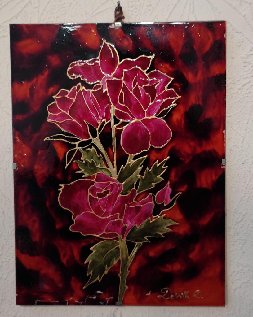 Roses, tige de rosier : peinture sur verre, artiste Deville, Antiquités & Art, Art | Peinture | Classique, Enlèvement ou Envoi