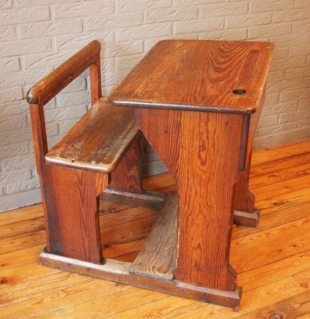 Vintage houten Schoolbank / Lessenaar / Jaren 50 - 60, Ophalen, Gebruikt, Bruin, Handgemaakt