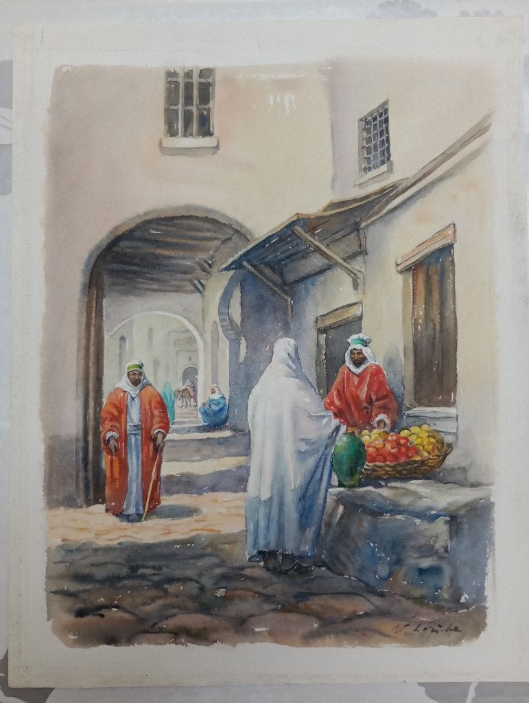 Aquarelle Orientaliste Scène de Souk N. Leriche 43x55,B21, Enlèvement ou Envoi, Aquarelle, Paysage urbain / rural