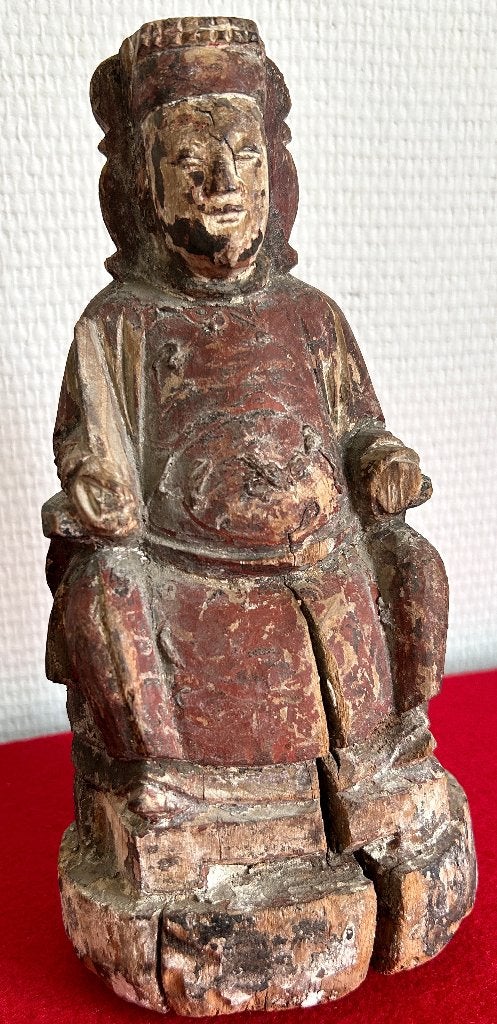Sculpture en bois d' un Empereur Chinois (1644-1911), Antiquités & Art, 22 cm, Sculpture, Enlèvement ou Envoi, Chine