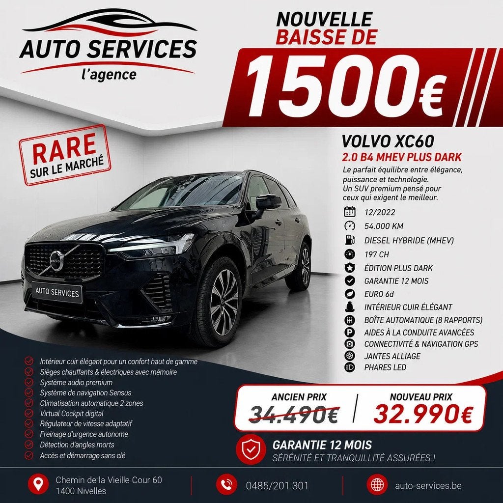 Volvo XC60 2.0 B4 MHEV Plus Dark Garantie 12 mois (bj 2022), Auto's, Volvo, 197 pk, 145 kW, 4 cilinders, 1969 cc