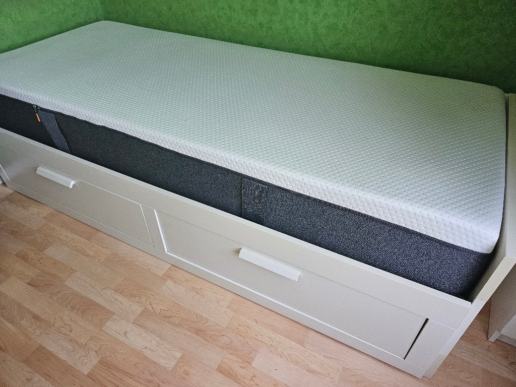 Uitschuifbaar bed + lattenbodems + Emma matras, Ophalen, Wit, Tweepersoons, 80 cm