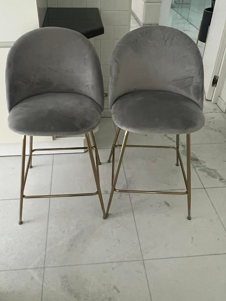 2 barkrukken velvet grijs/goud – top staat, Ophalen, Zo goed als nieuw