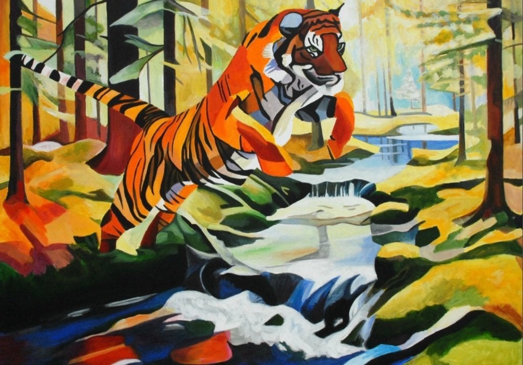 Schilderij van een tijger, Antiquités & Art, Art | Peinture | Classique, Peinture acrylique, Signé, Enlèvement, Toile