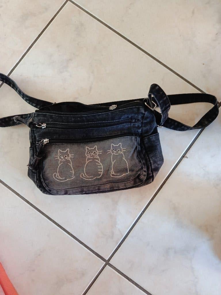 zwarte jeans handtas met katten op, Ophalen of Verzenden, Nieuw, Handtas