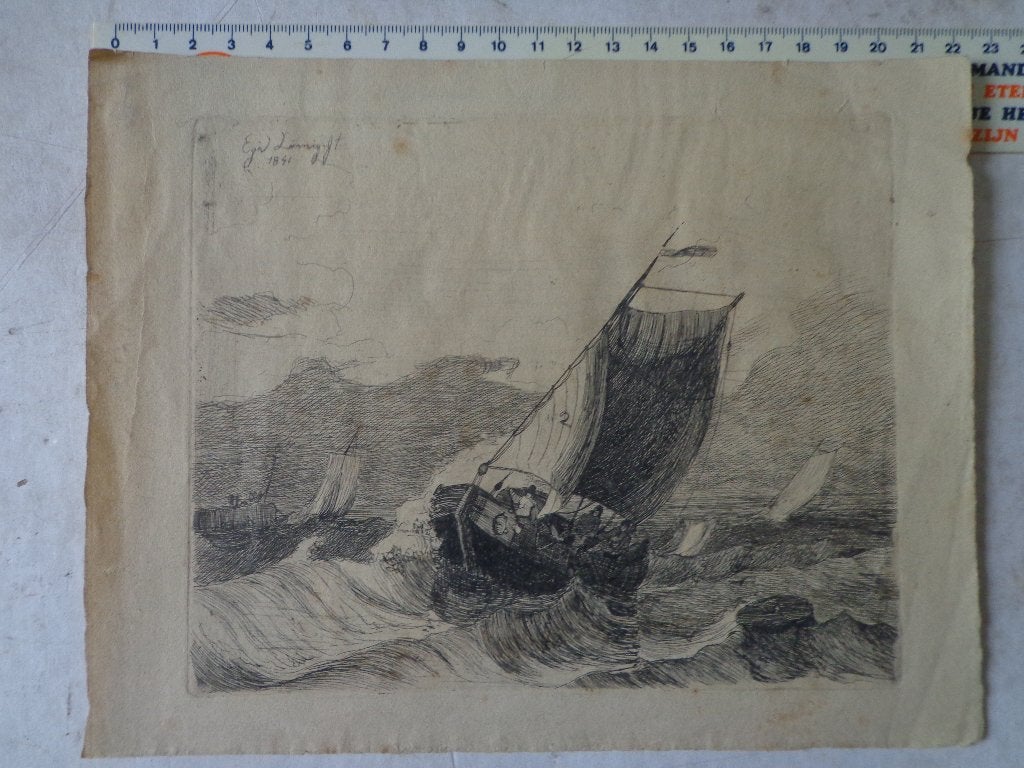 ets van Egide Linnig uit 1841 "Vissersboot in woelig water", Antiquités & Art, Eau-forte, Paysage, Signé, 1800 - 1899