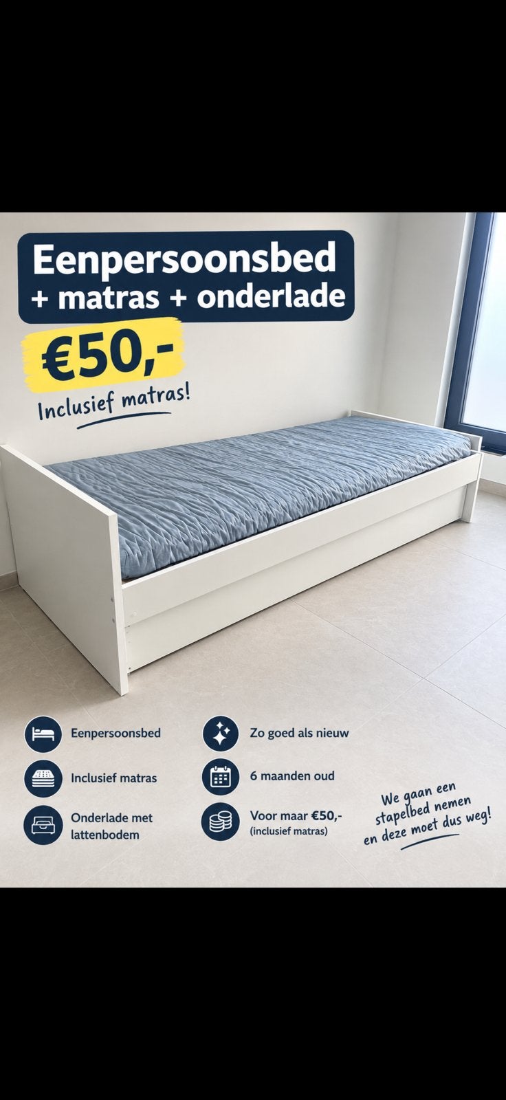 Eenpersoonsbed + matras + onderlade – €50, Huis en Inrichting, Ophalen, Zo goed als nieuw