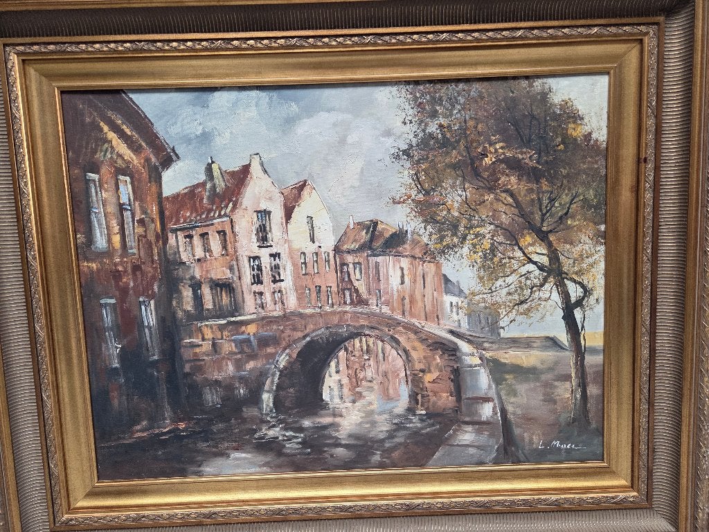 L Marc ? Schilderij: 'Brugse reien', Antiek en Kunst, Kunst | Schilderijen | Klassiek, Ophalen, Doek, Olieverf, Stads- / dorpsgezicht