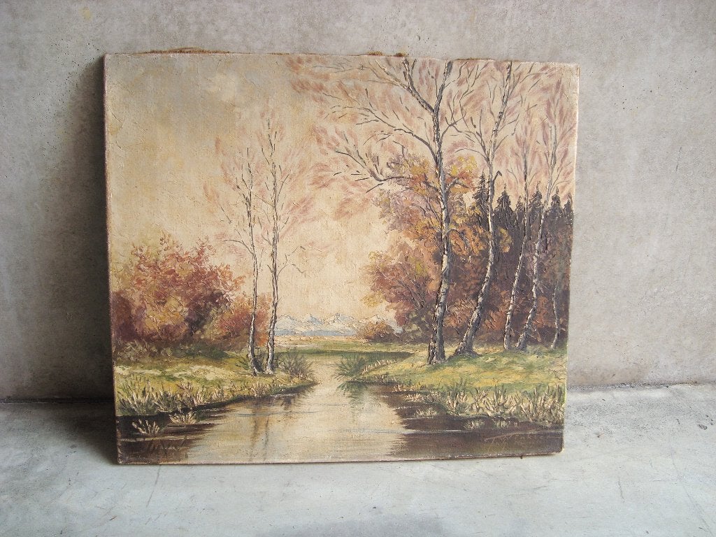 ancien tableau peinture huile sur toile signé, Antiquités & Art, Daté, Peinture à l'huile, Paysage, Enlèvement