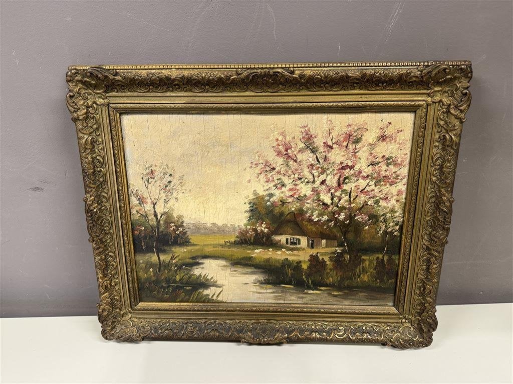 schilderij - bloesemboom bij boerderij, Antiek en Kunst, Ophalen of Verzenden