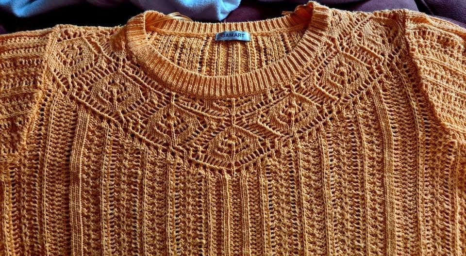 Oranje gebreide trui met korte mouwen - Damart, XL, Kleding | Dames, Truien en Vesten, Zo goed als nieuw, Maat 46/48 (XL) of groter