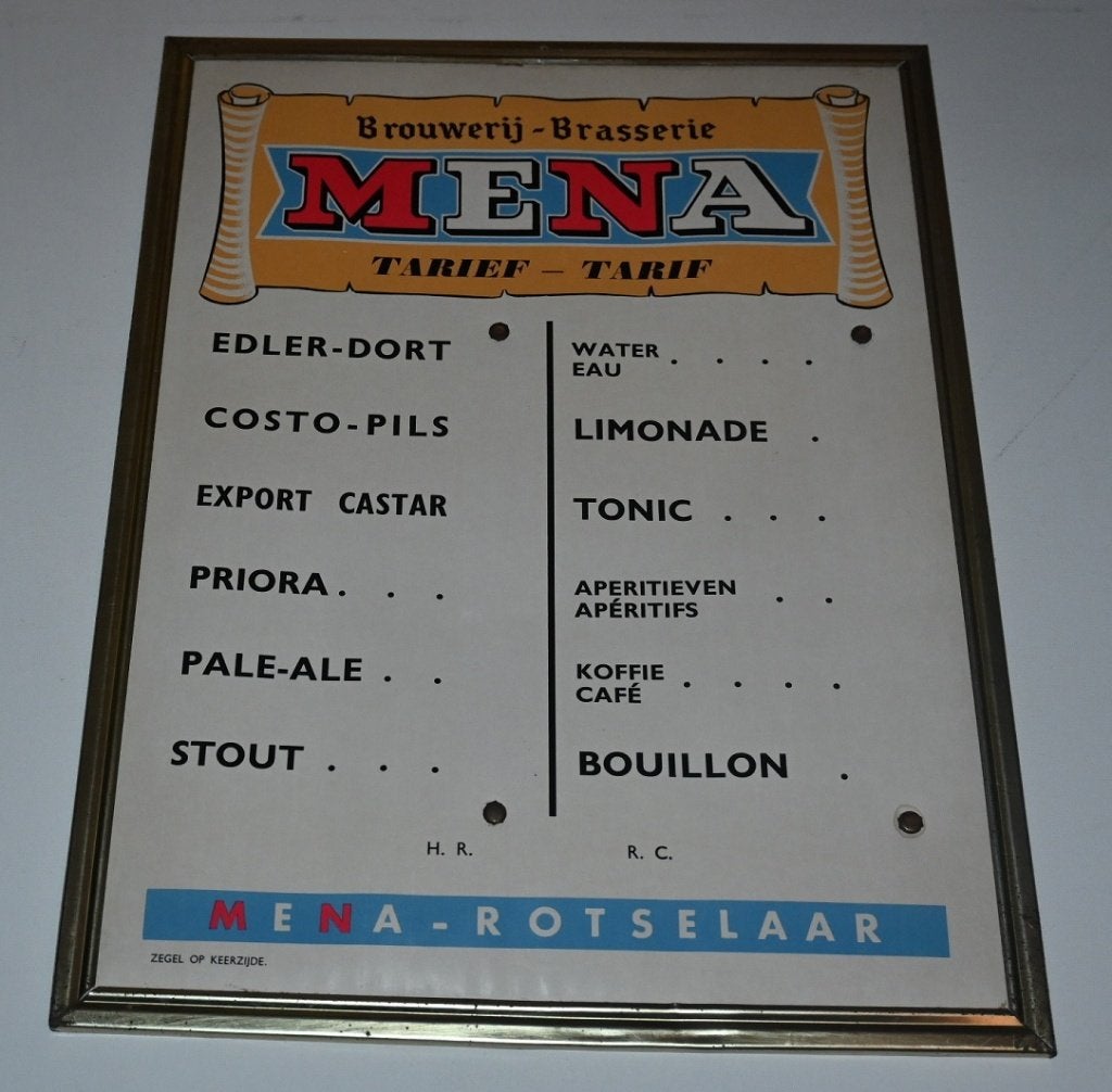 Prijslijst Brouwerij Mena Rotselaar / 47 x 31 cm, Verzamelen, Verzenden, Gebruikt, Reclamebord, Plaat of Schild, Overige merken