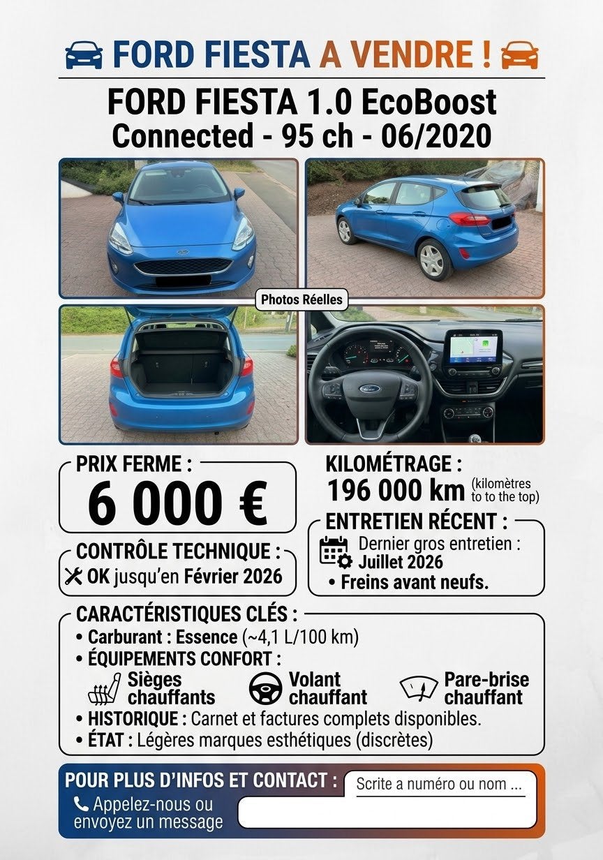 Ford Fiesta 1.0 EcoBoost Connected - 06/2020 - 95 ch, Achat, Particulier, Fiësta, Essence