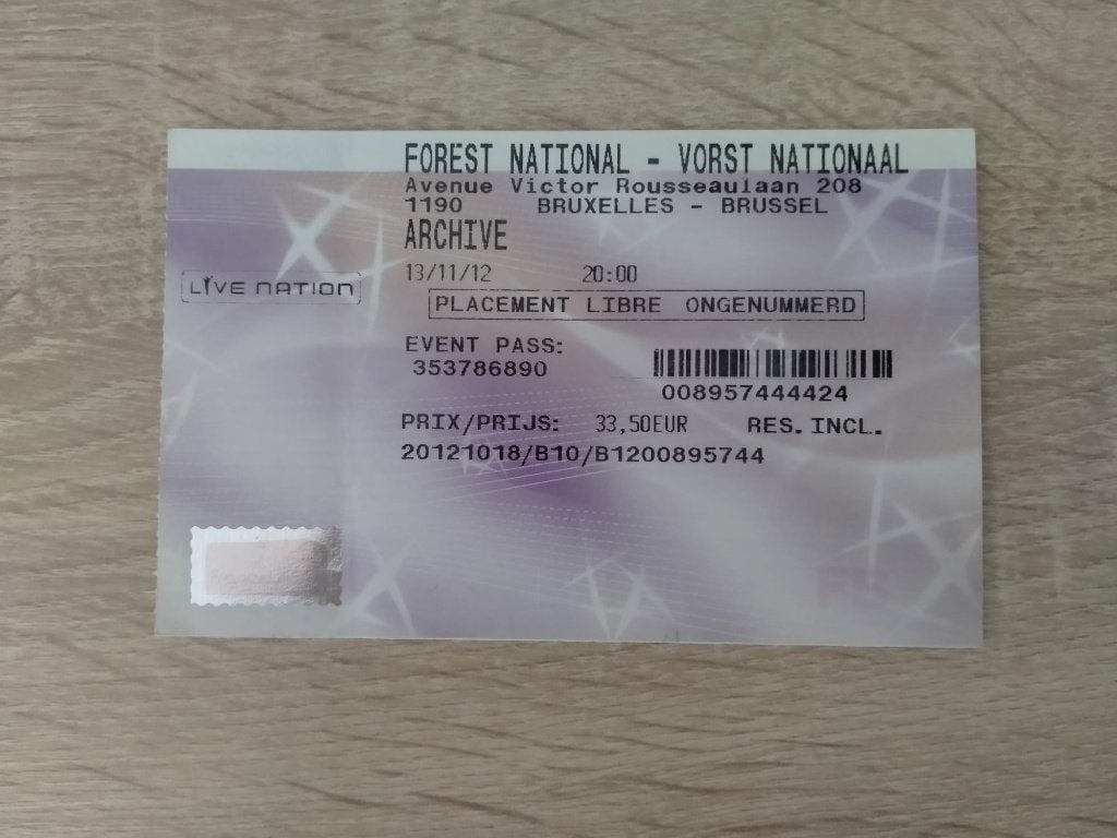 Ticket concert Archive Forest National (Bruxelles) 13/11/12., Verzamelen, Muziek, Artiesten en Beroemdheden, Ophalen, Gebruikt