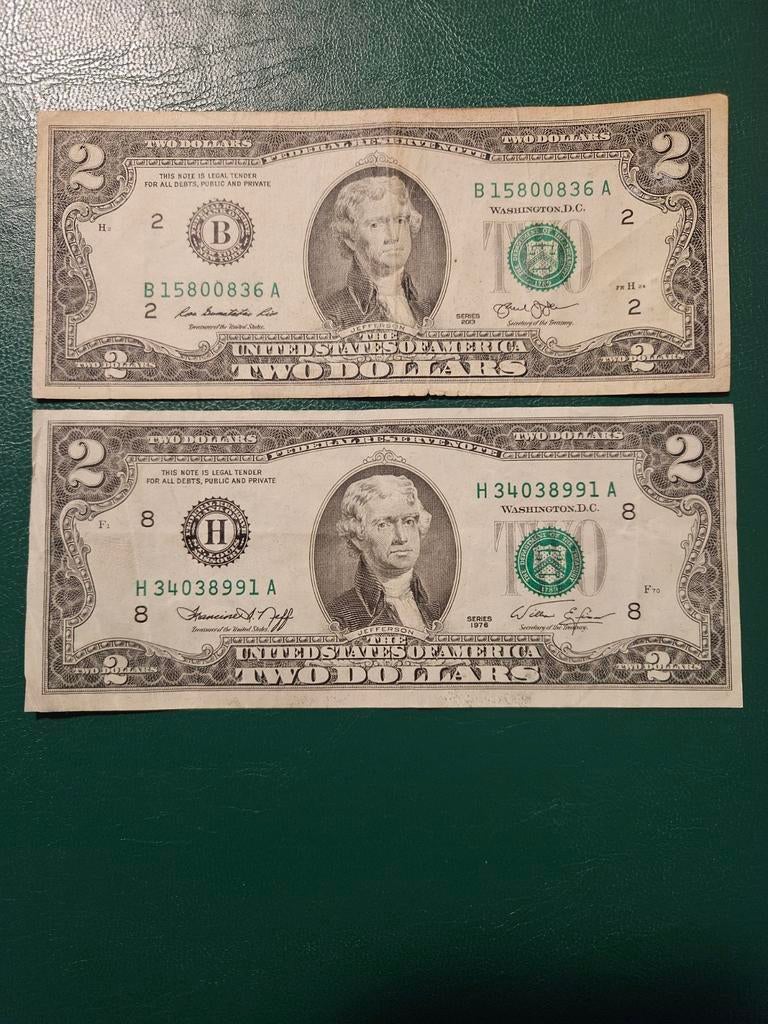 2x 2 dollars USA set 2013 en 1976 jaar, Postzegels en Munten, Bankbiljetten | Amerika, Ophalen of Verzenden, Noord-Amerika, Setje