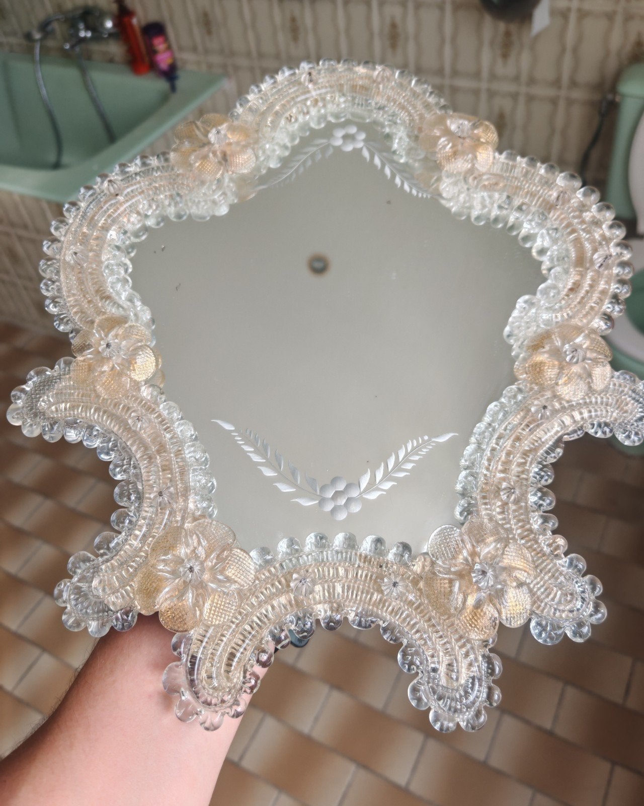 Miroir ancien style Murano / Vénitien en verre travaillé, Enlèvement